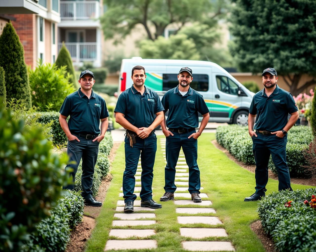 Equipe uniformizada da Confia Lar em área verde de condomínio